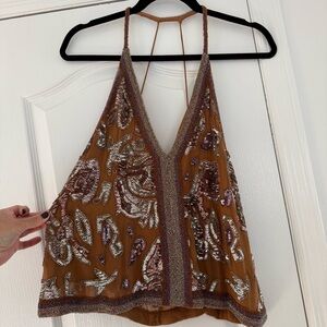 Free People Embellished Brown/Gold Sequin Halter Top